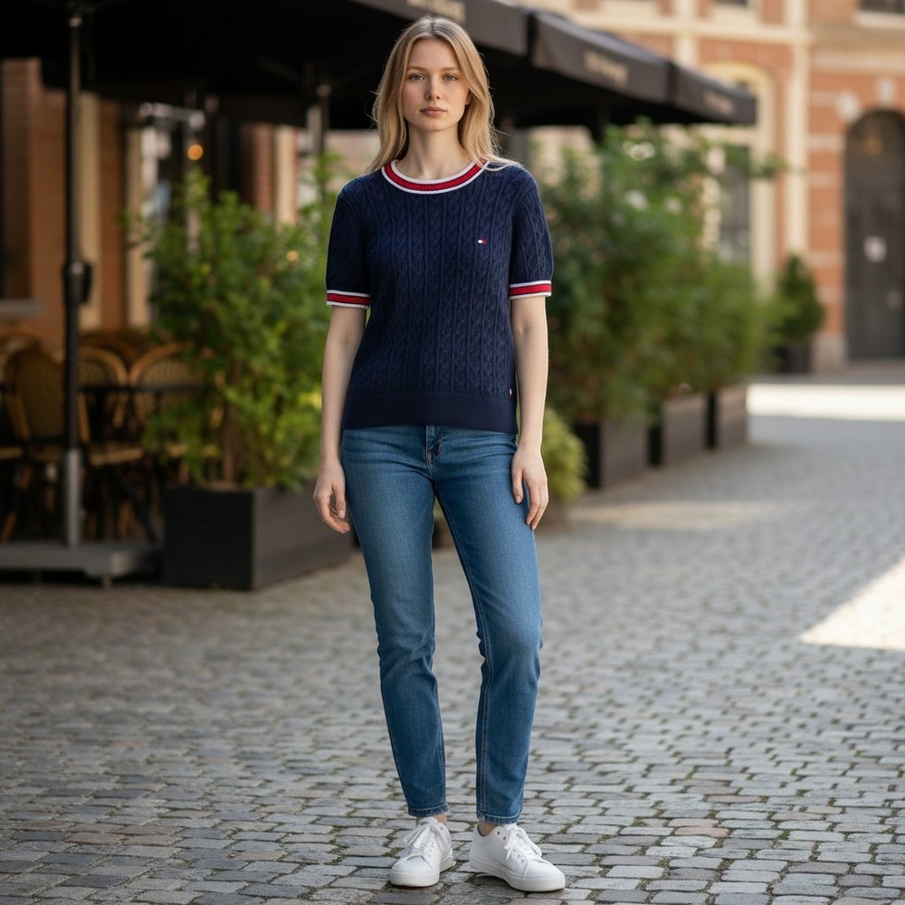 Tommy Hilfiger Sweater Women XL Navy Blue Excellent Short Sleeve Cable Knit